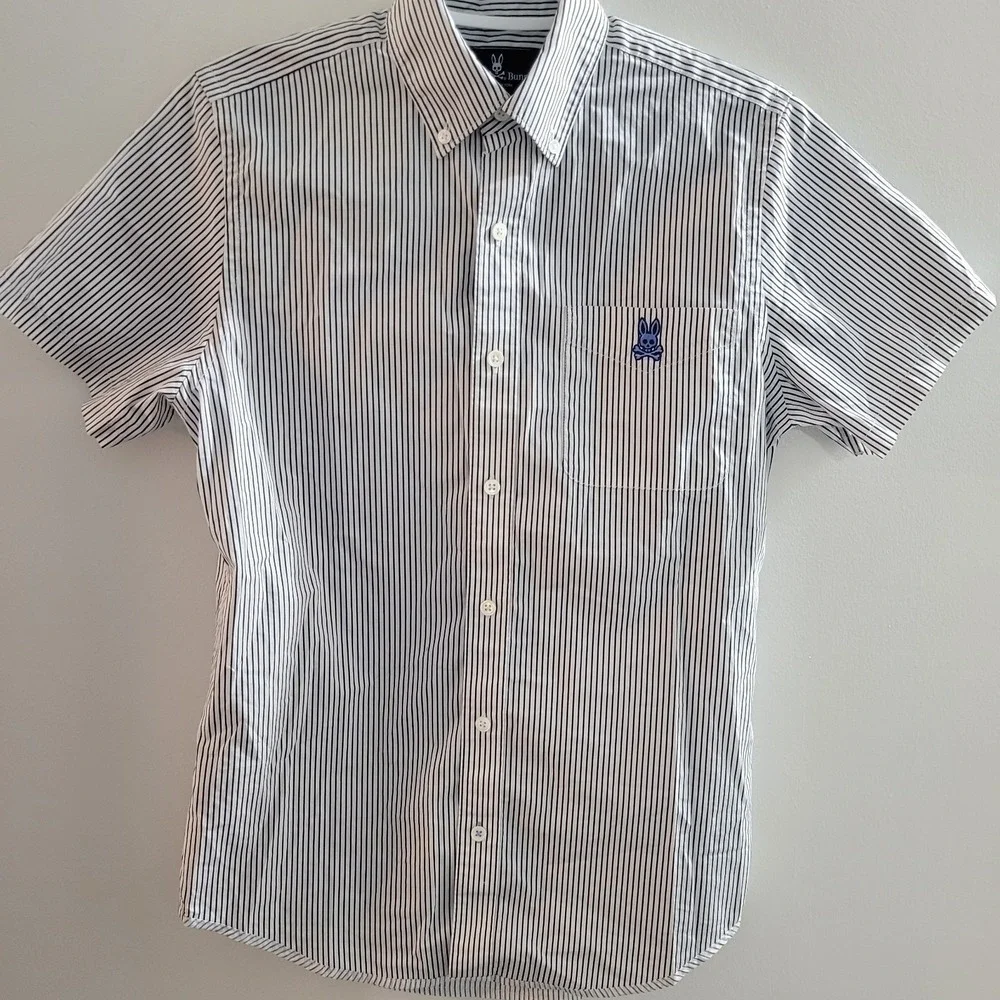 Psycho Bunny Short Sleeve Button Down Shirt Men's Size XS Striped Blue White - Picture 1 of 8